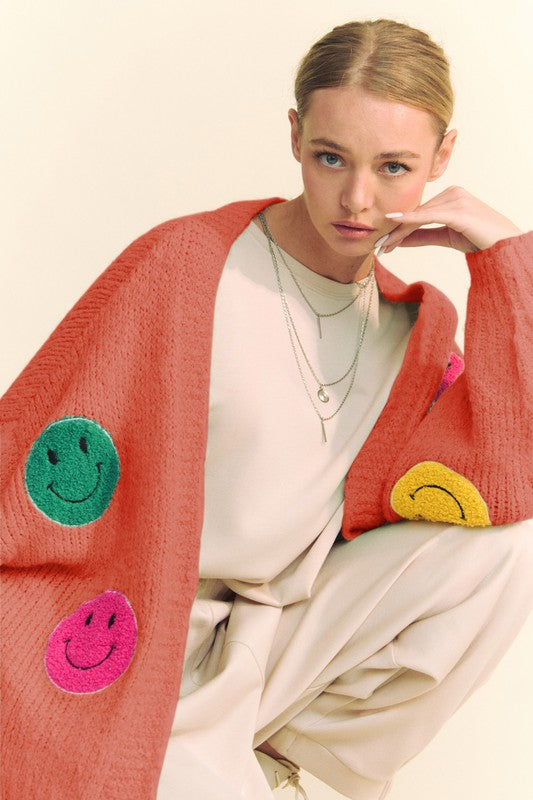 Davi & Dani Fuzzy Smile Open Front Long Sleeve Cardigan - Classique Collection