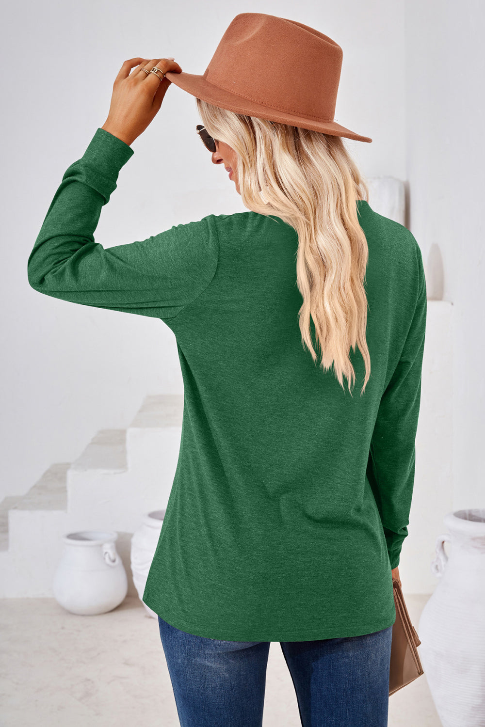 V-Neck Buttoned Long Sleeve Blouse - Classique Collection