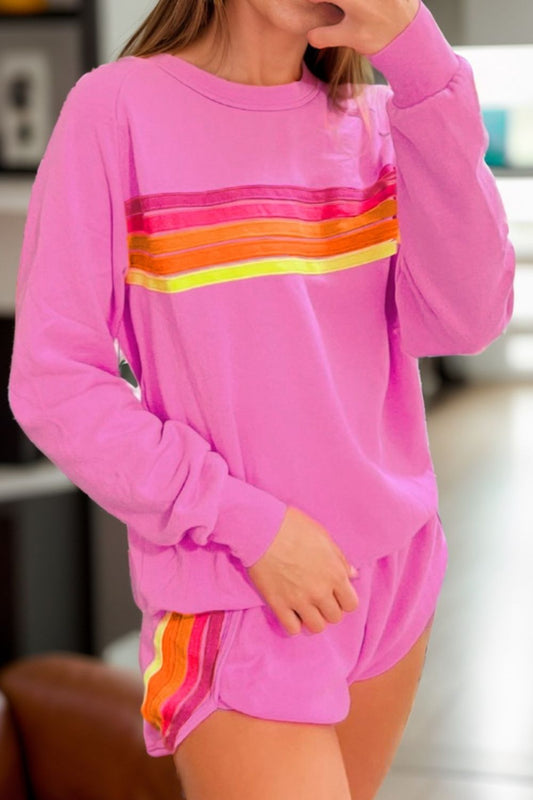 Full Size Contrast Striped Round Neck Top and Shorts Set - ClassiQ