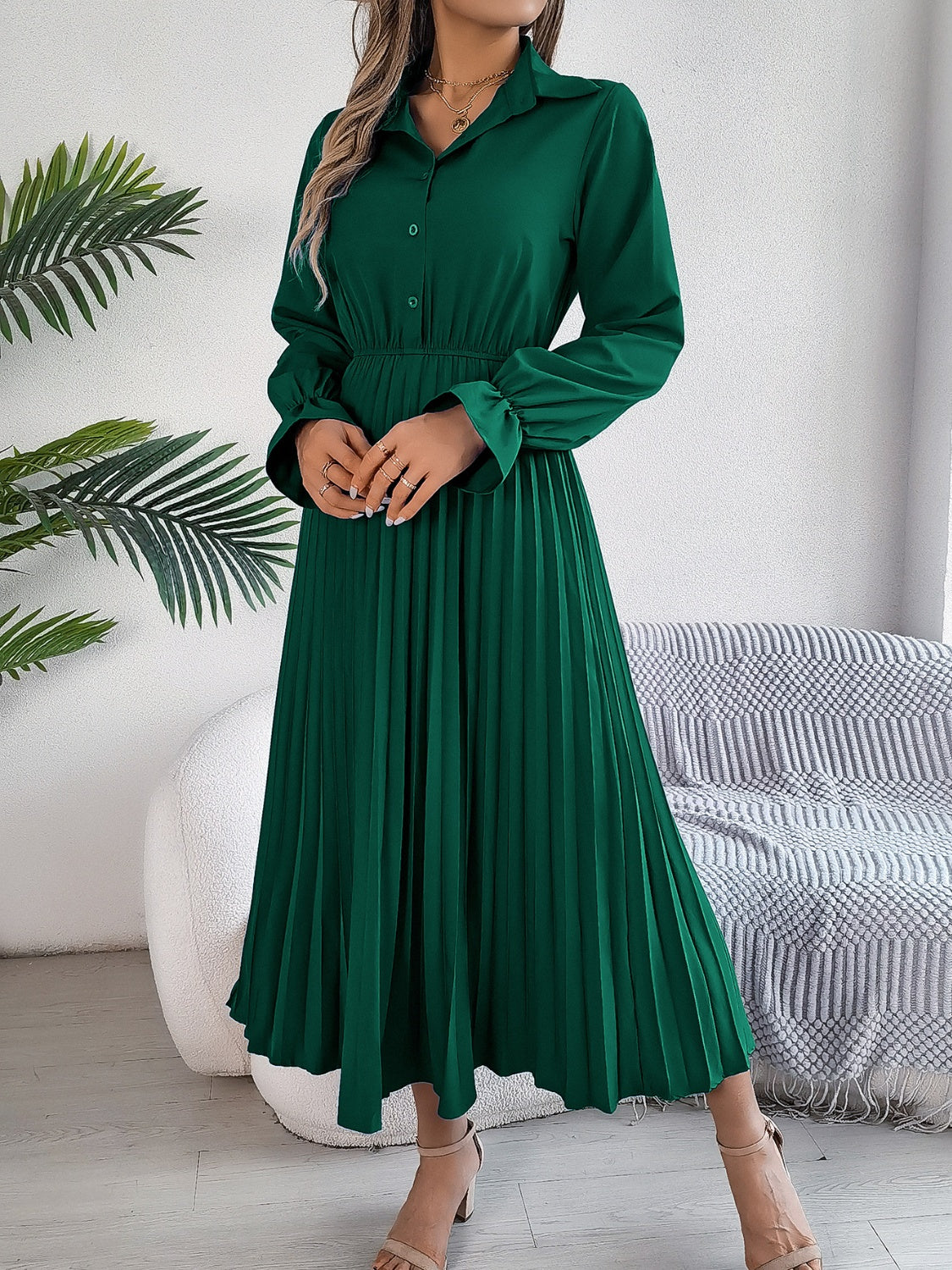 Pleated Half Button Long Sleeve Midi Dress - Classique Collection