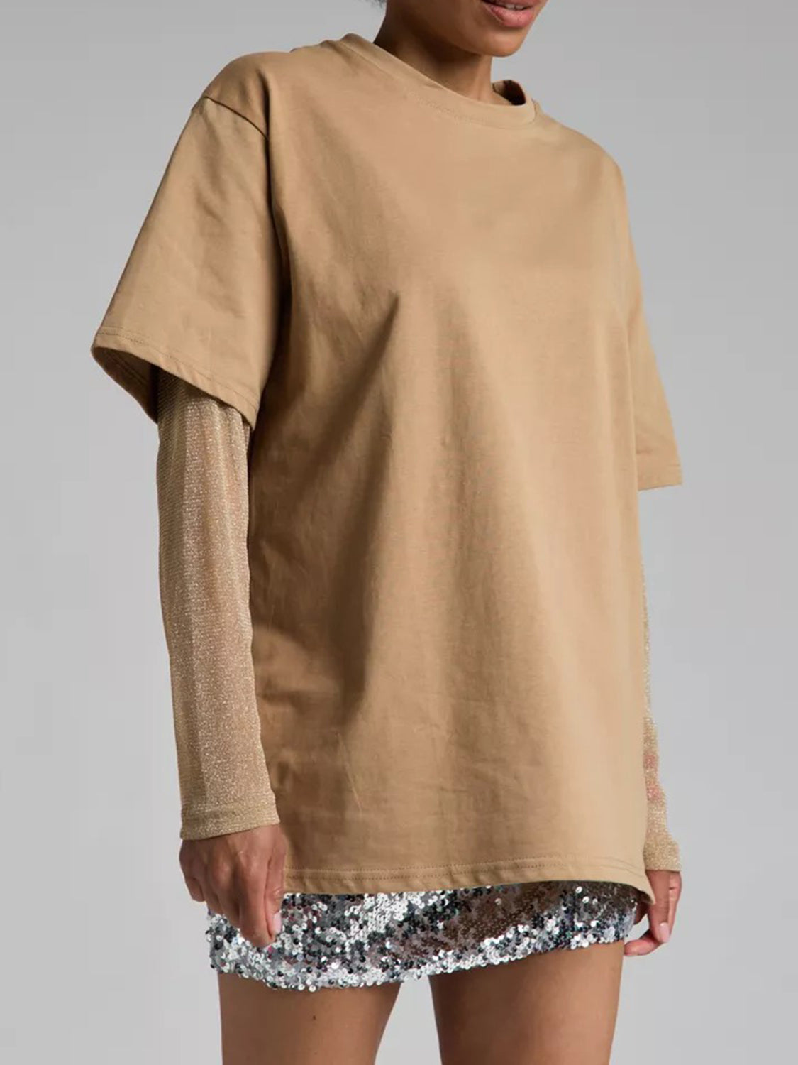 Faux Layered Round Neck Mesh Sleeve Top - Classique Collection