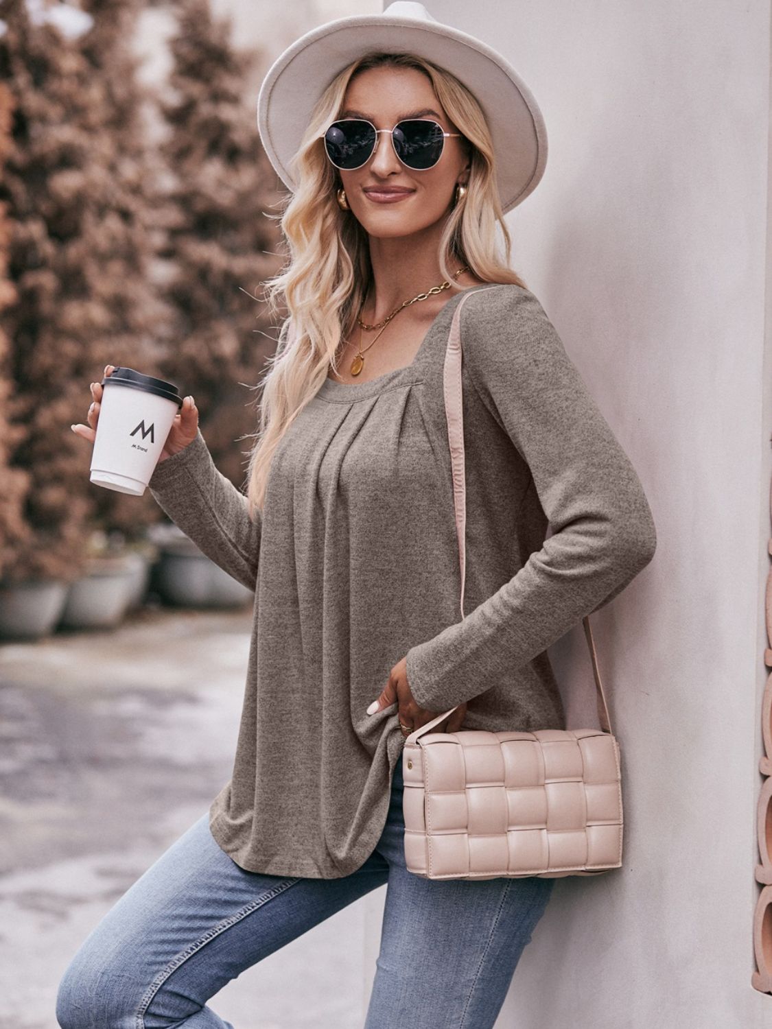 Mandy Pleated Detail Curved Hem Long Sleeve Top - ClassiQ
