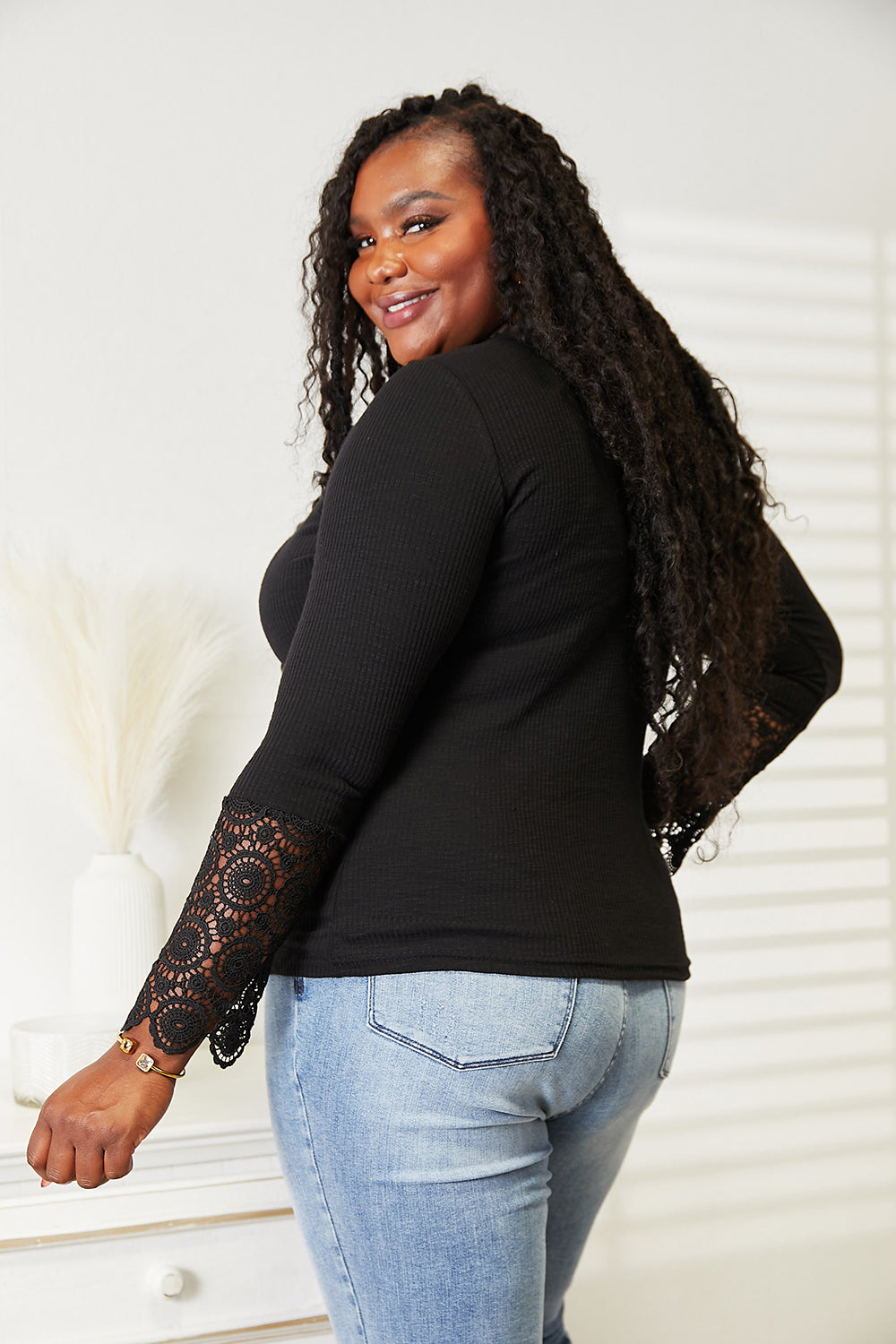 Double Take Crochet Lace Hem Sleeve Button Top - Classique Collection