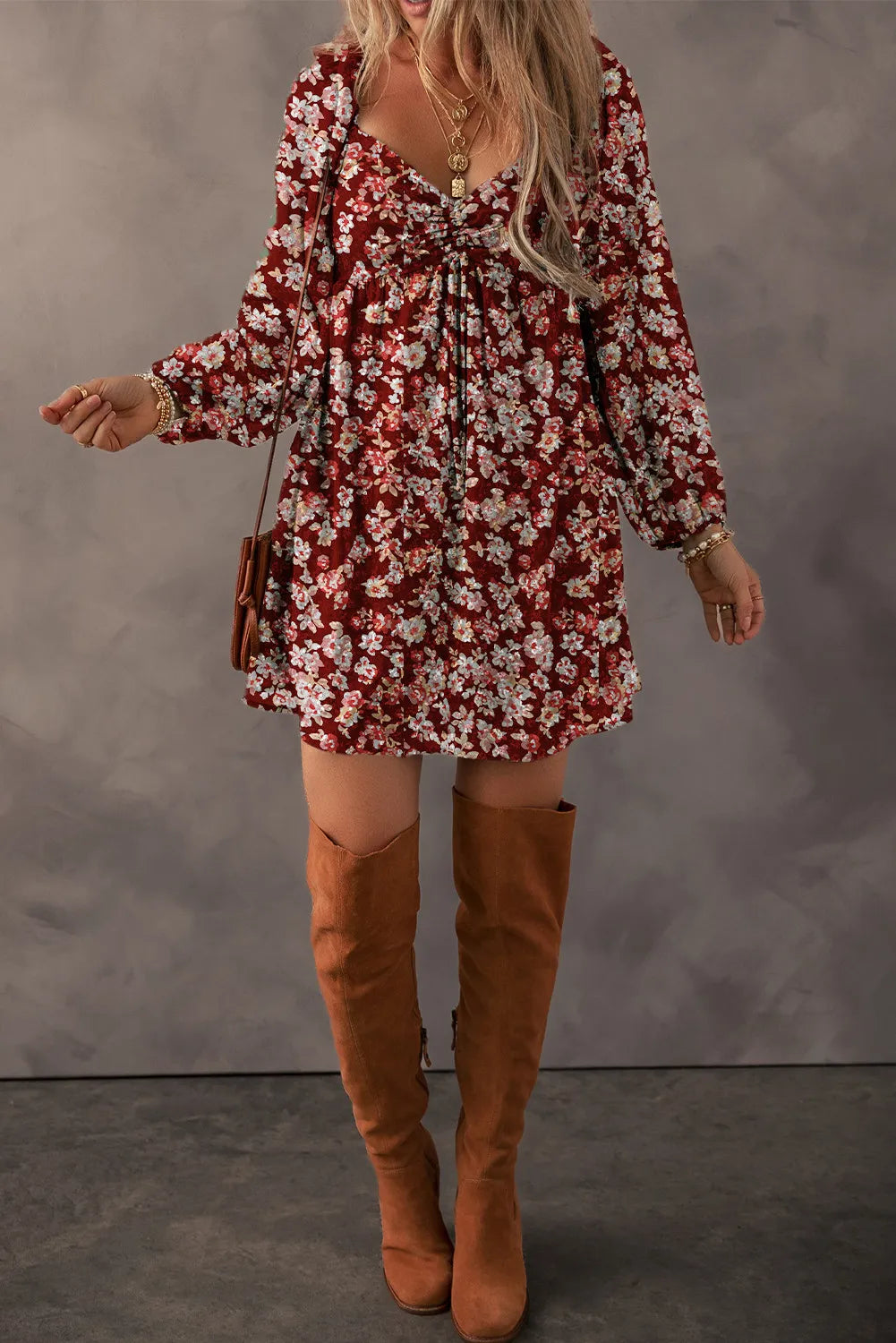 Ruched Printed Long Sleeve Mini Dress - Classique Collection