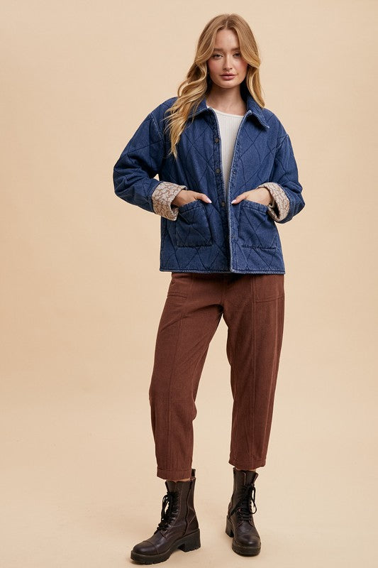 Annie Wear Quilted Printed Lining Snap Down Denim Jacket - ClassiQ