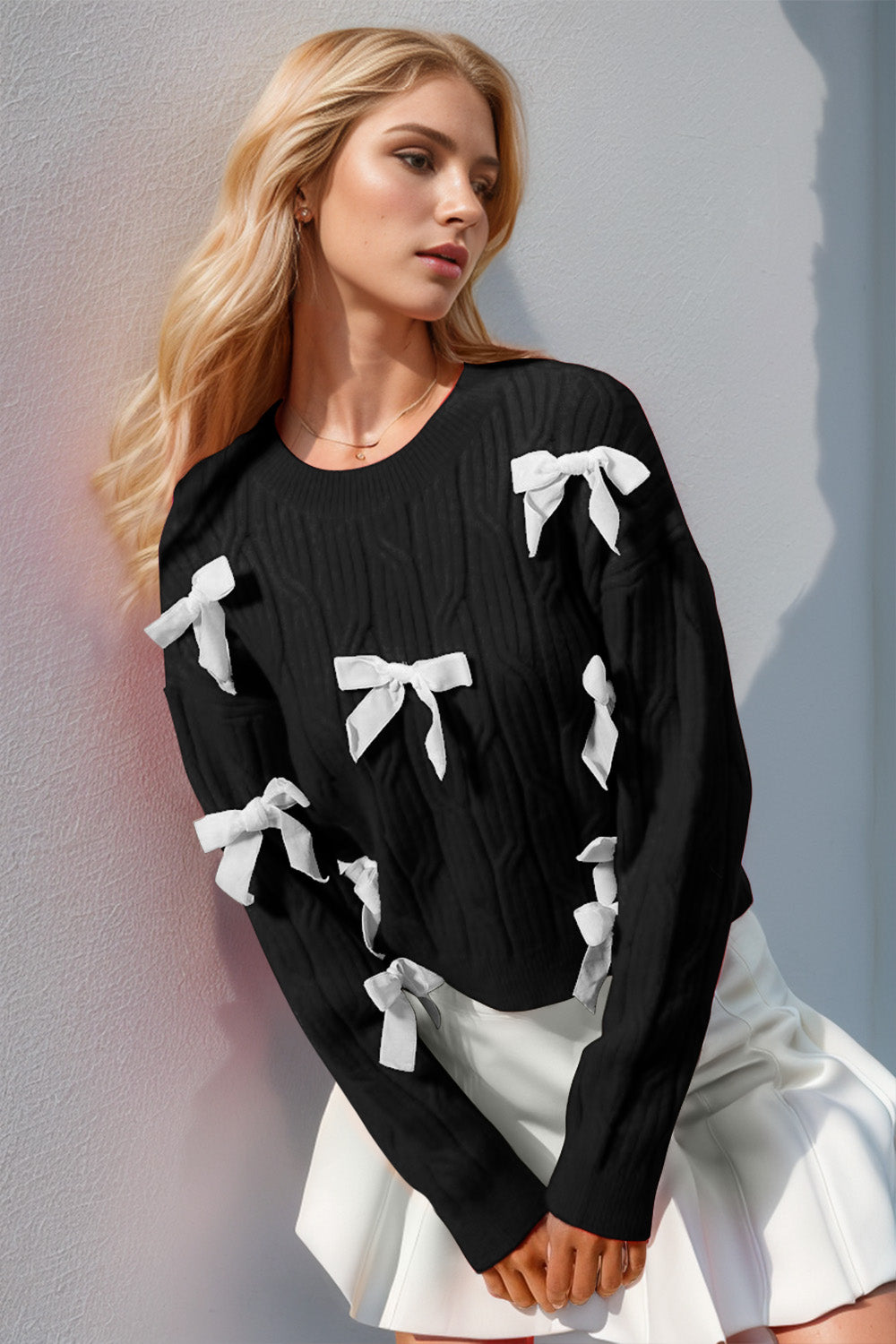 Double Take Full Size Bow Cable-Knit Round Neck Sweater - ClassiQ