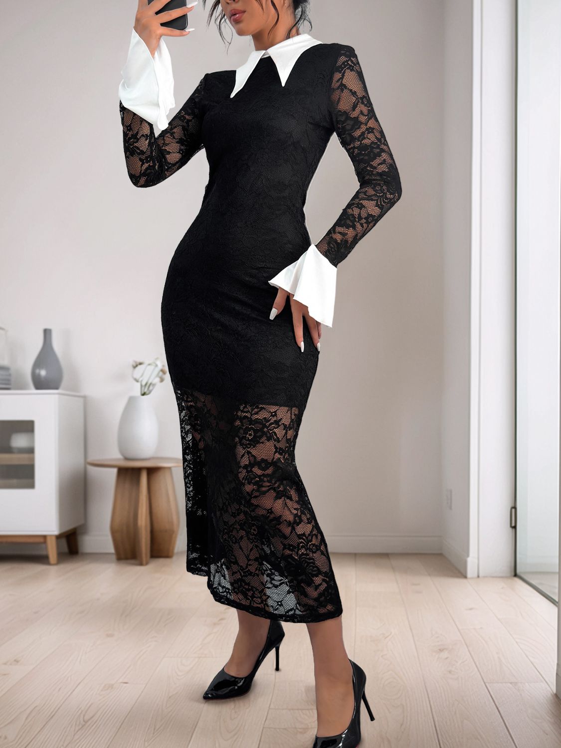Perfee Lace Contrast Collared Neck Long Sleeve Midi Dress - Classique Collection