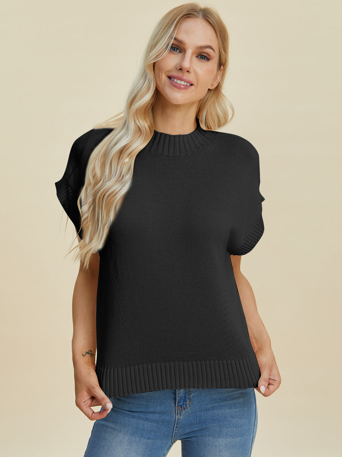 Double Take Full Size Mock Neck Short Sleeve Sweater - ClassiQ
