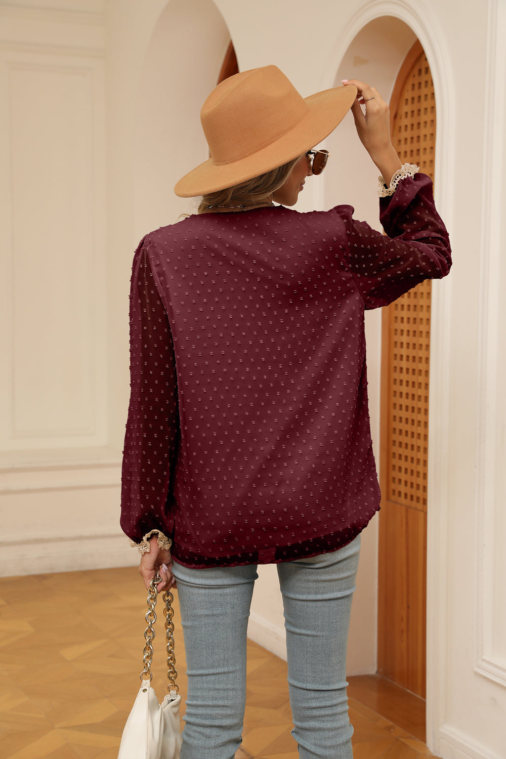 Swiss Dot Contrast V-Neck Blouse - ClassiQ