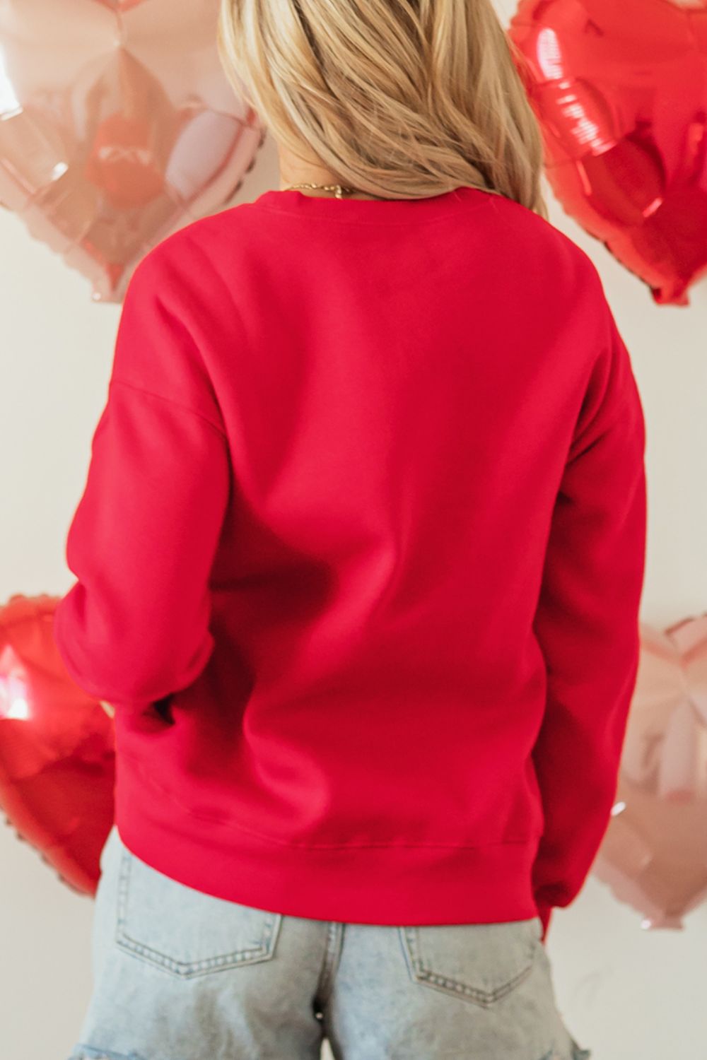 Valentine’s Day Sequin Bow Heart Round Neck Sweatshirt - Classique Collection