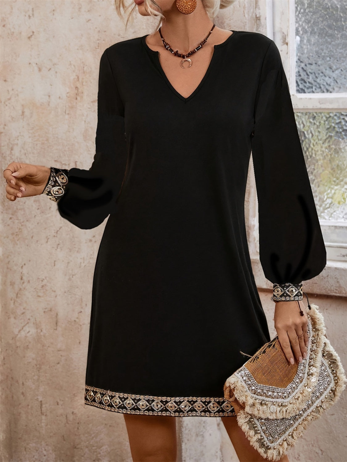 Embroidered Notched Long Sleeve Mini Dress - Classique Collection