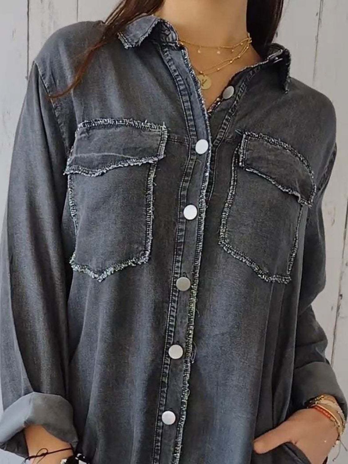 Full Size Raw Hem Button Up Long Sleeve Denim Top Plus Size - Classique Collection