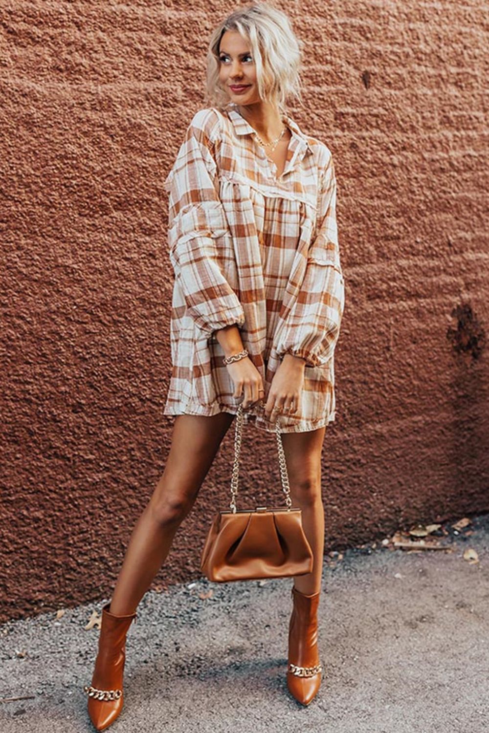 Plaid Collared Neck Long Sleeve Mini Shirt Dress - Classique Collection