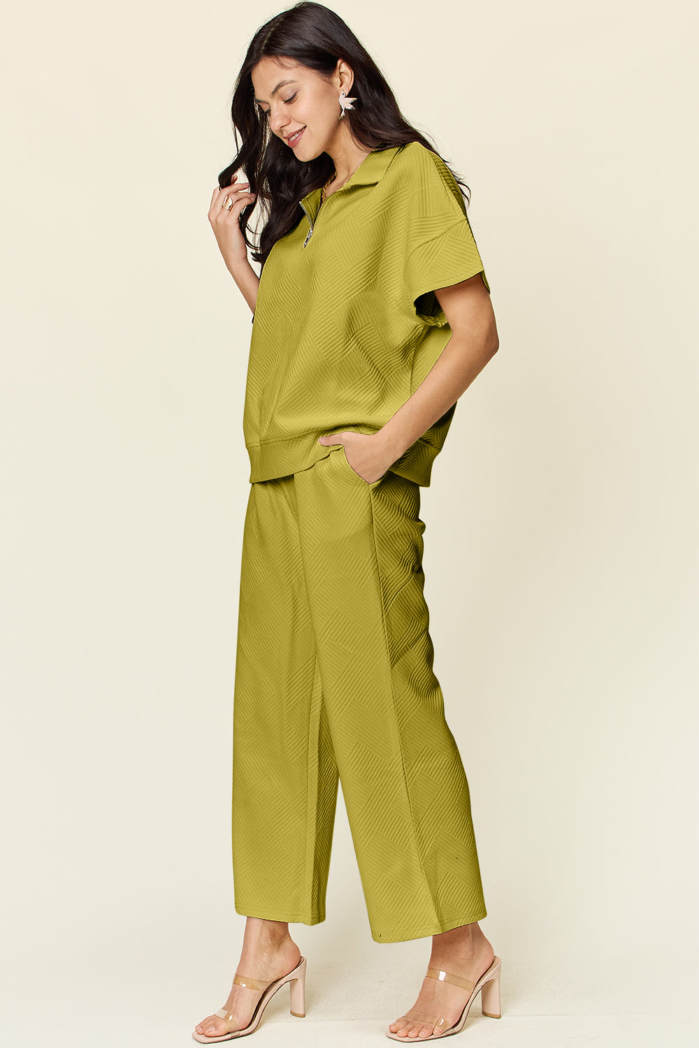 Double Take Full Size Texture Half Zip Short Sleeve Top and Pants Set - ClassiQ