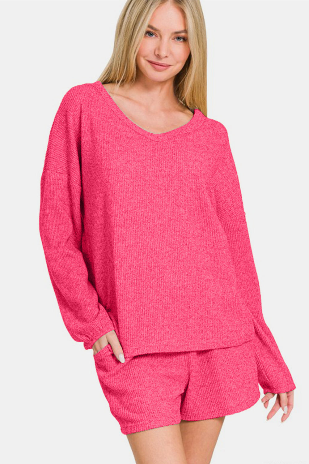 Zenana V-Neck Long Sleeve Ribbed Top and Shorts Set - Classique Collection