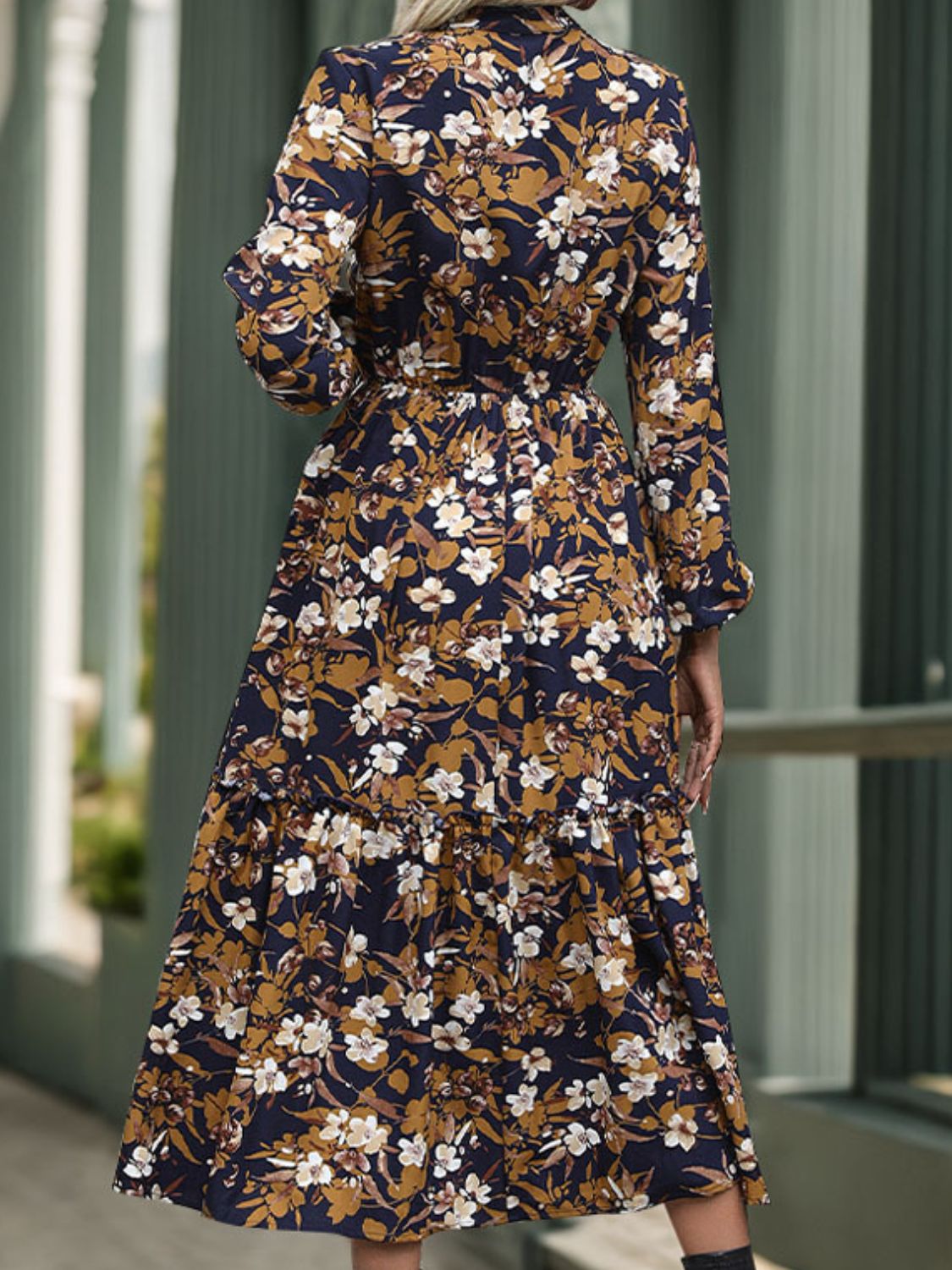 Perfee Printed Notched Long Sleeve Midi Dress - Classique Collection