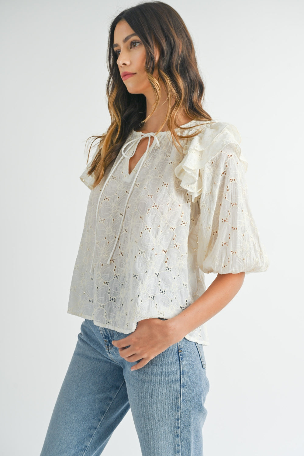MABLE Eyelet Lace Ruffle Shoulder Puff Sleeve Blouse - Classique Collection
