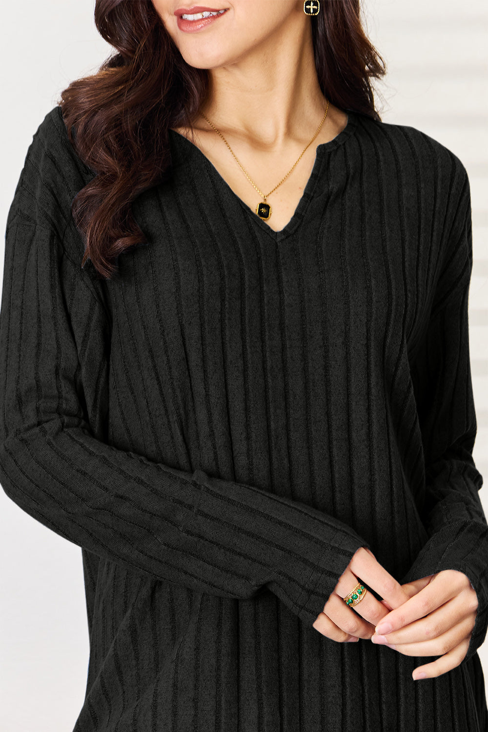 Basic Bae Full Size Notched Long Sleeve Top and Pants Set - ClassiQ