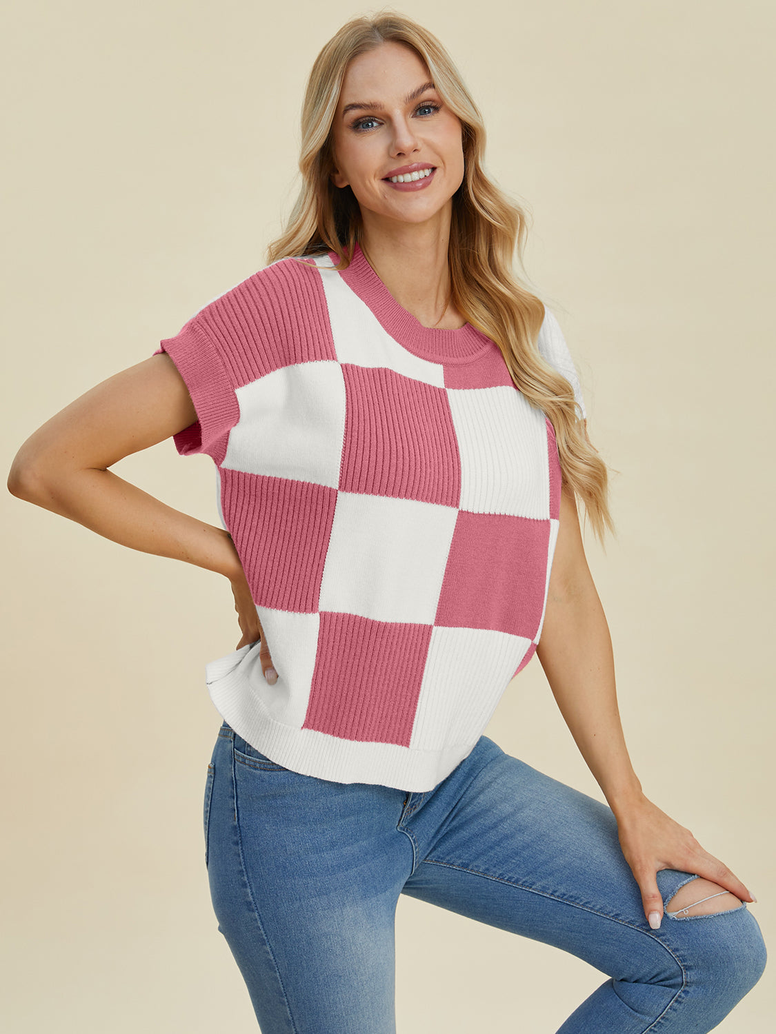 Double Take Full Size Checkered Round Neck Short Sleeve Sweater - ClassiQ