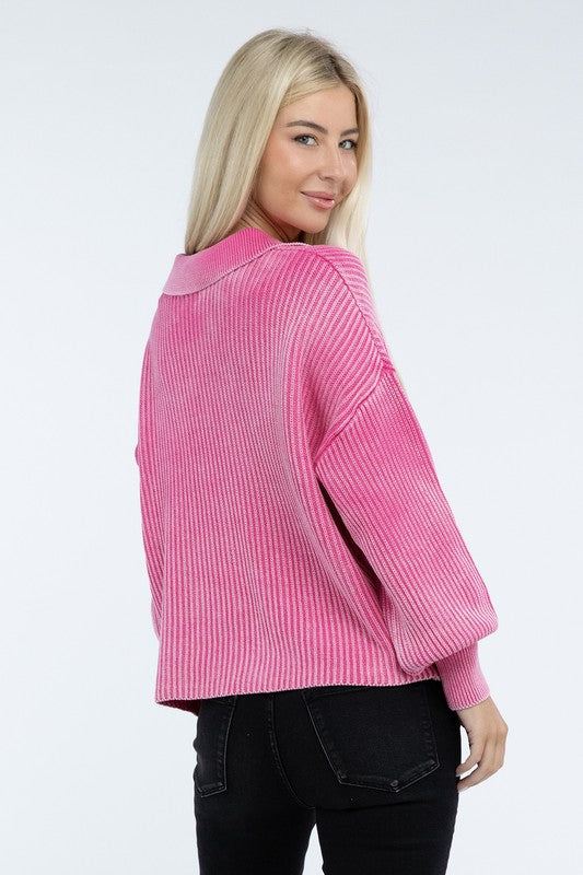 Washed Collared Henley Sweater - Classique Collection
