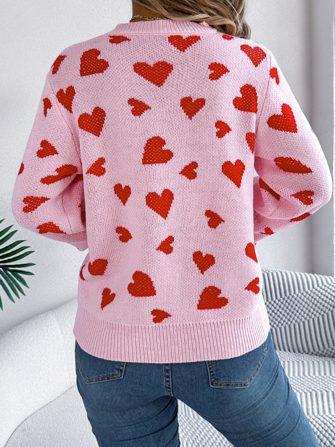 Heart Round Neck Long Sleeve Sweater - ClassiQ