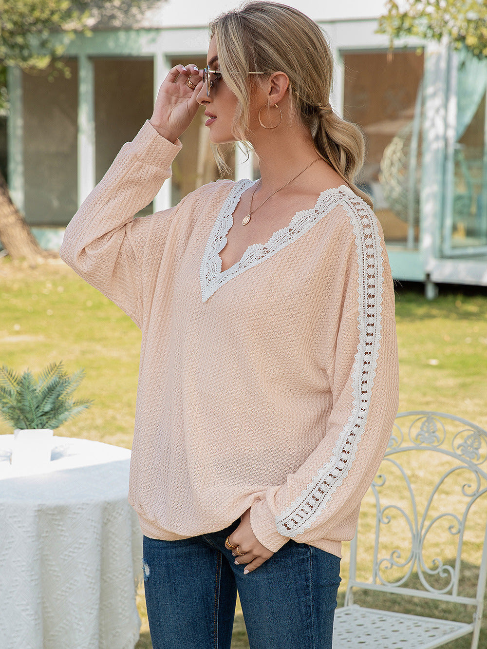 Ivy Lane Contrast Spliced Lace V-Neck Top - Classique Collection