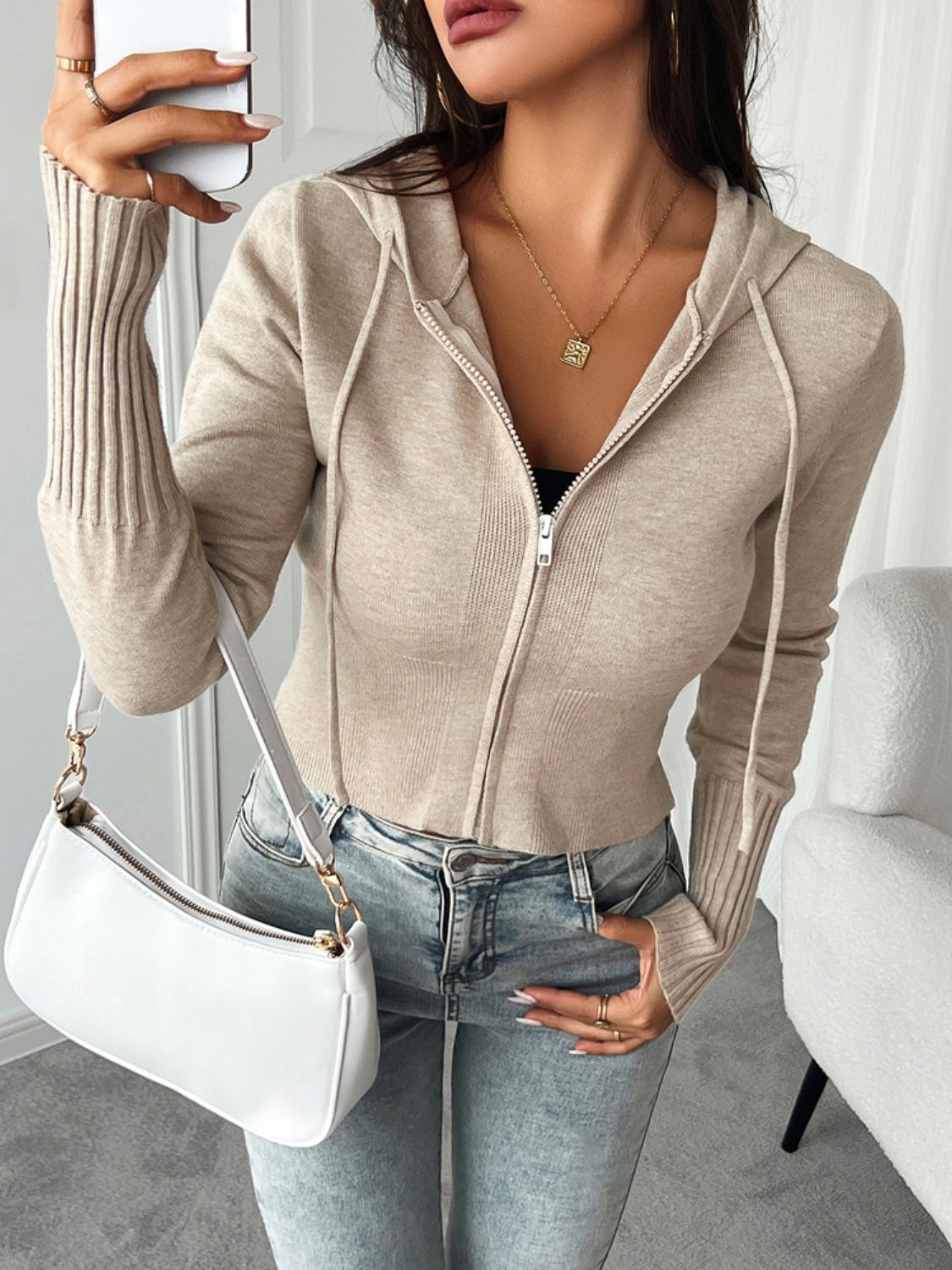 Devine Drawstring Zip Up Hooded Cardigan - Classique Collection