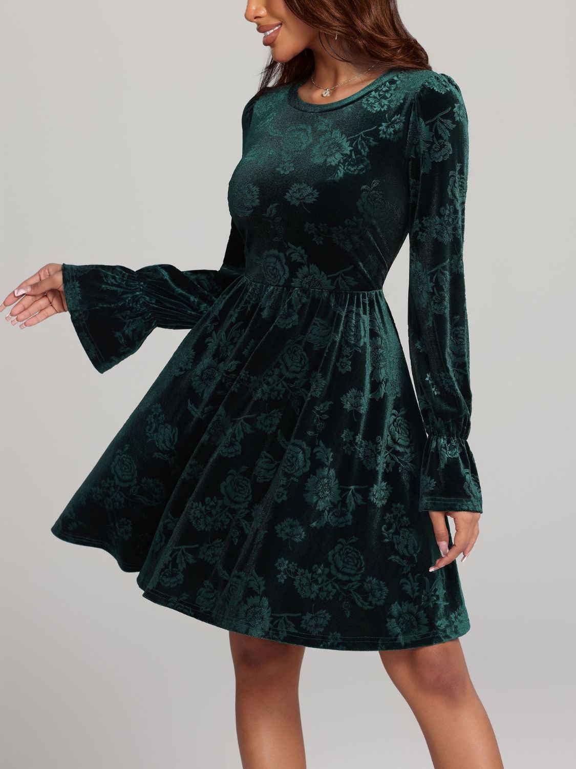 Tied Flower Print Round Neck Flounce Sleeve Dress - Classique Collection