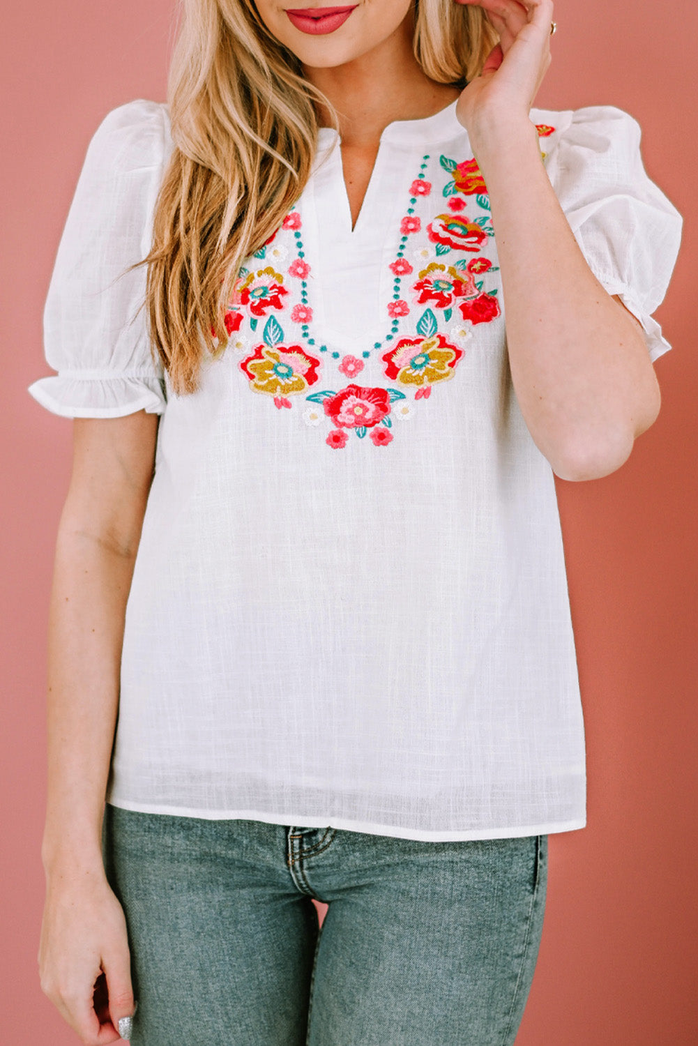 Embroidered Notched Neck Flounce Sleeve Top - Classique Collection