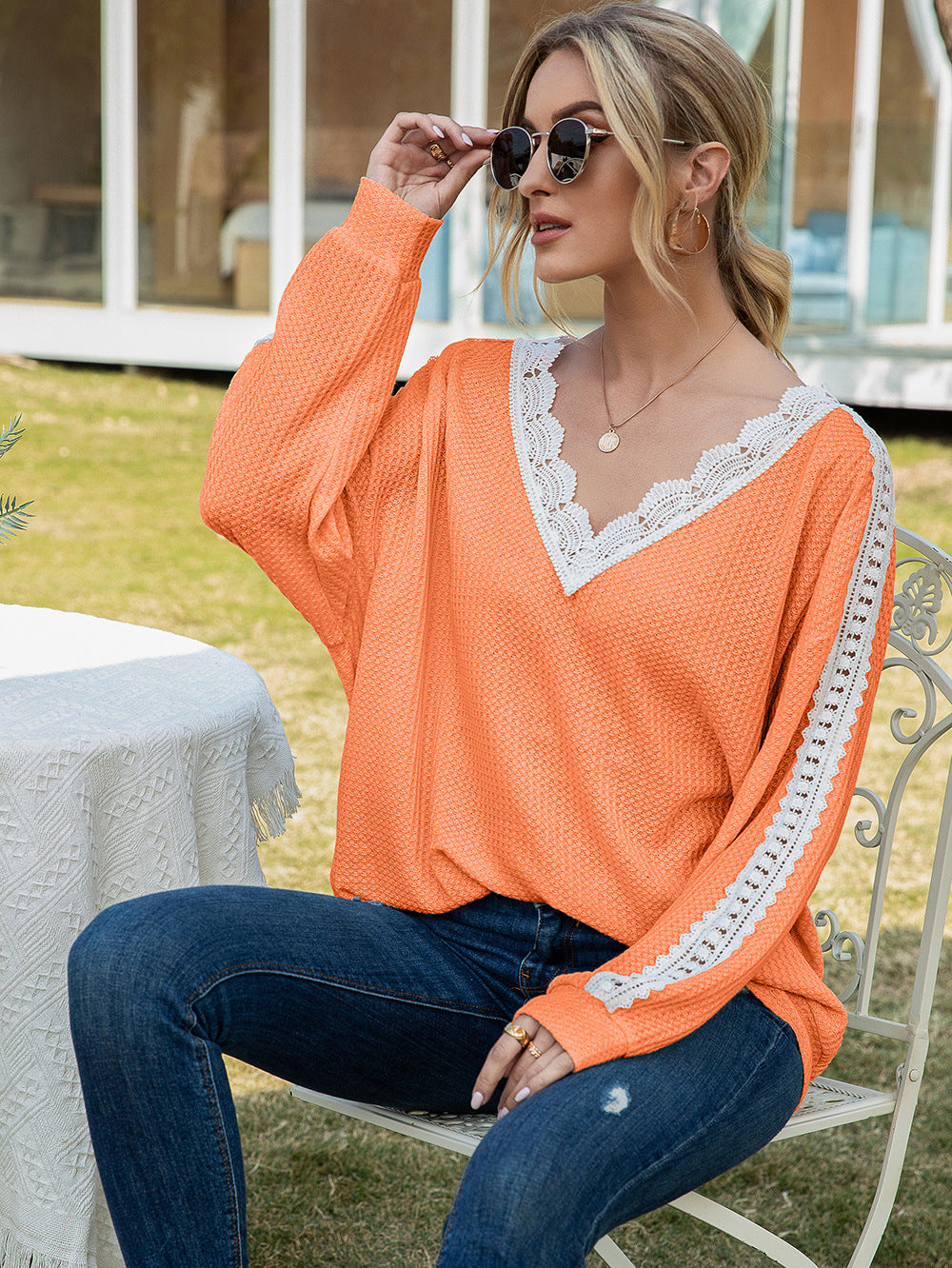 Ivy Lane Contrast Spliced Lace V-Neck Top - Classique Collection