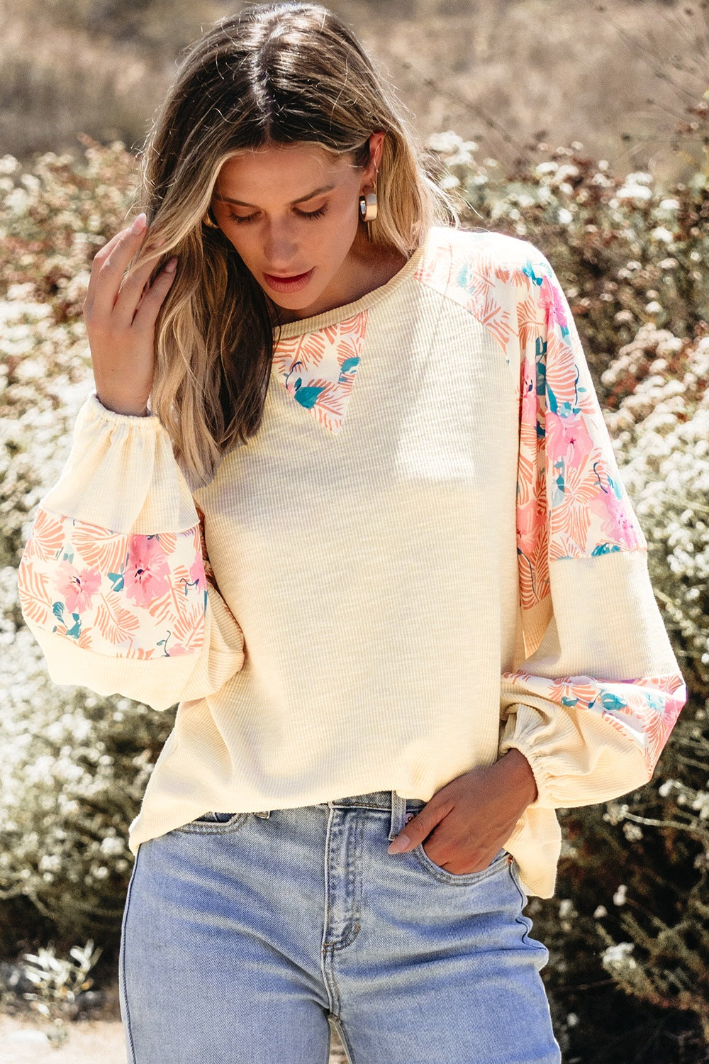 Printed Round Neck Balloon Sleeve Sweatshirt - Classique Collection