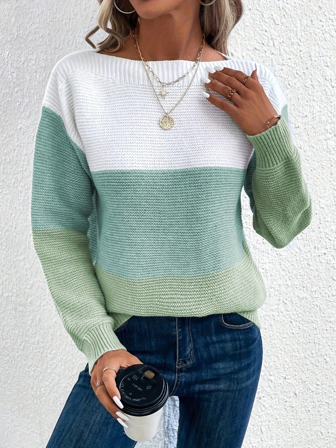 Color Block Boat Neck Sweater - ClassiQ