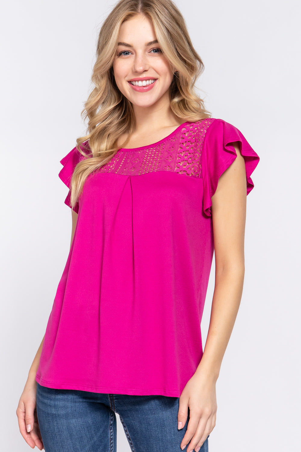 ACTIVE BASIC Ruffle Short Sleeve Lace Detail Knit Top - Classique Collection