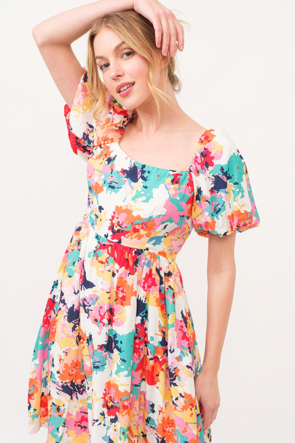 And The Why Square Neck Puff Sleeve Floral Dress - Classique Collection