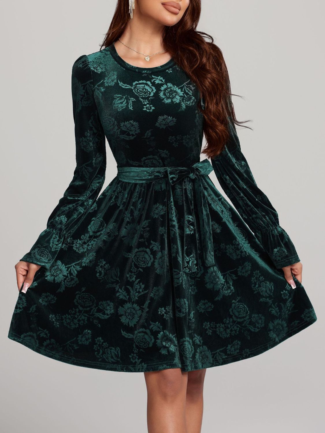 Tied Flower Print Round Neck Flounce Sleeve Dress - Classique Collection