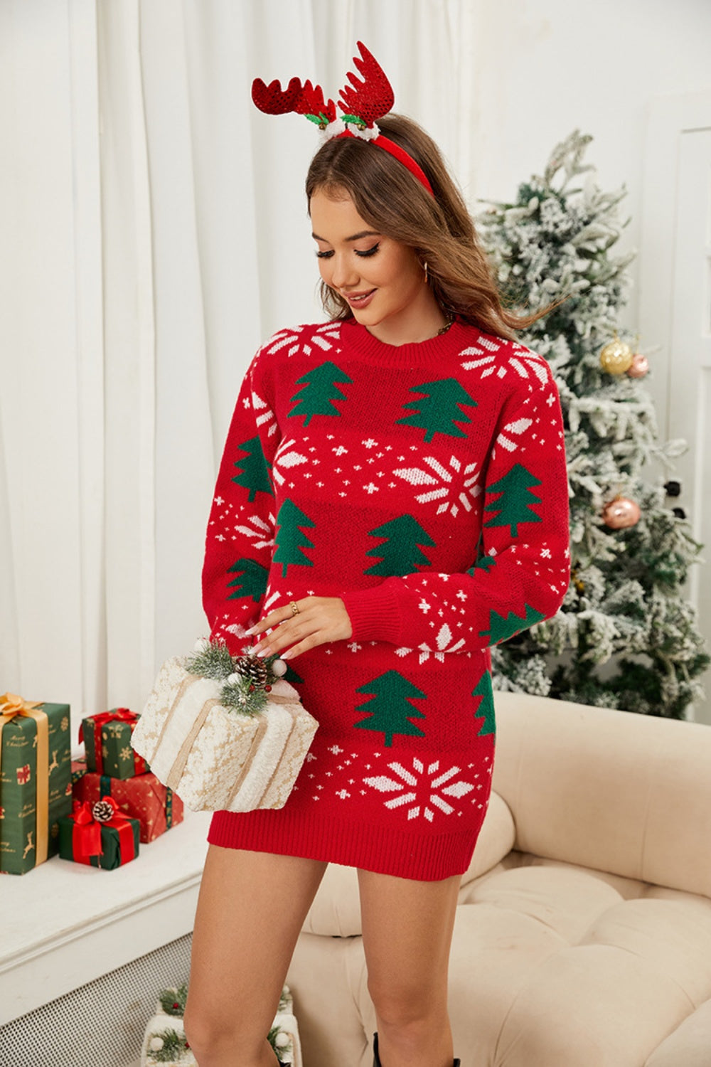 Christmas Tree Round Neck Sweater Dress - Classique Collection