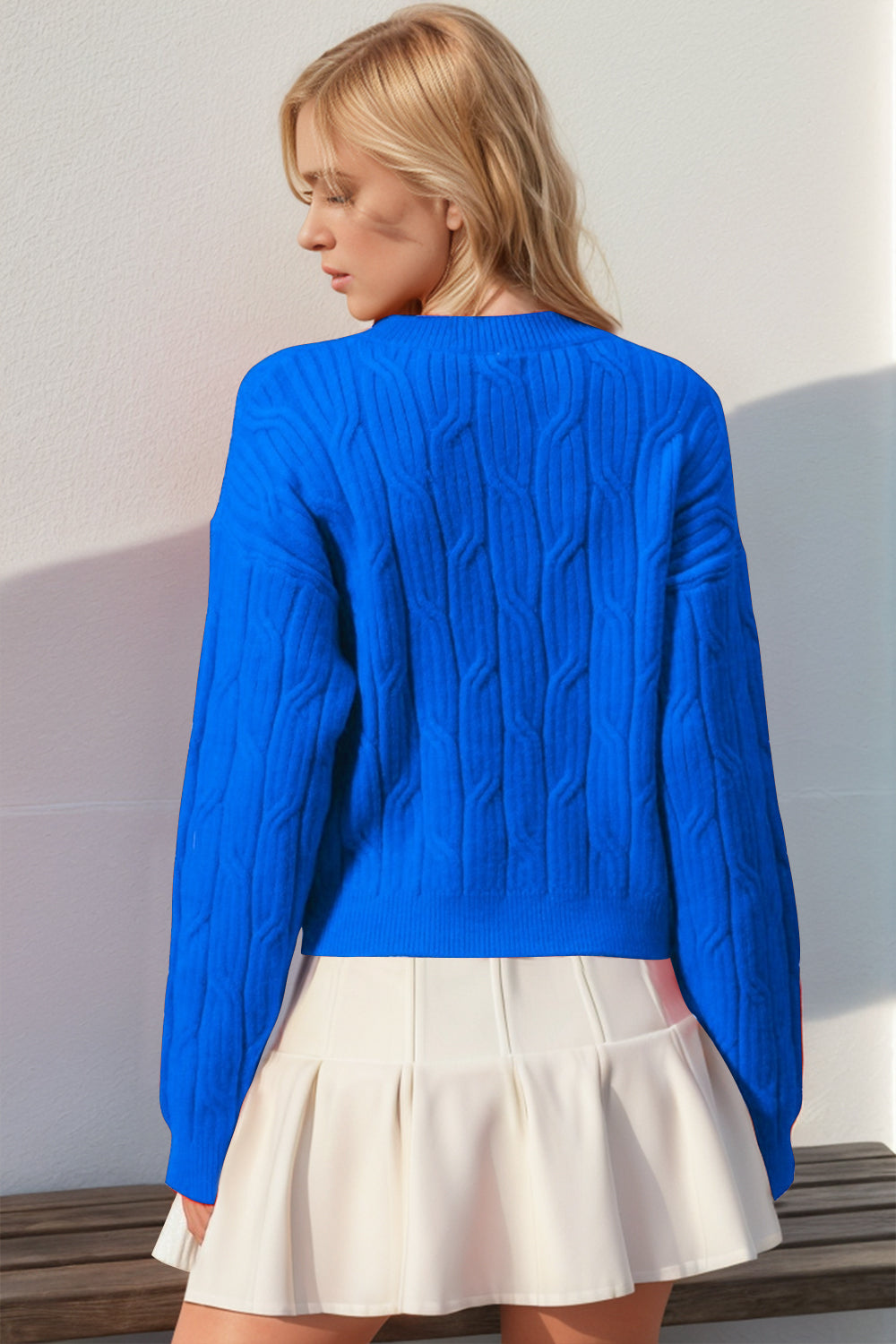 Double Take Full Size Bow Cable-Knit Round Neck Sweater - ClassiQ