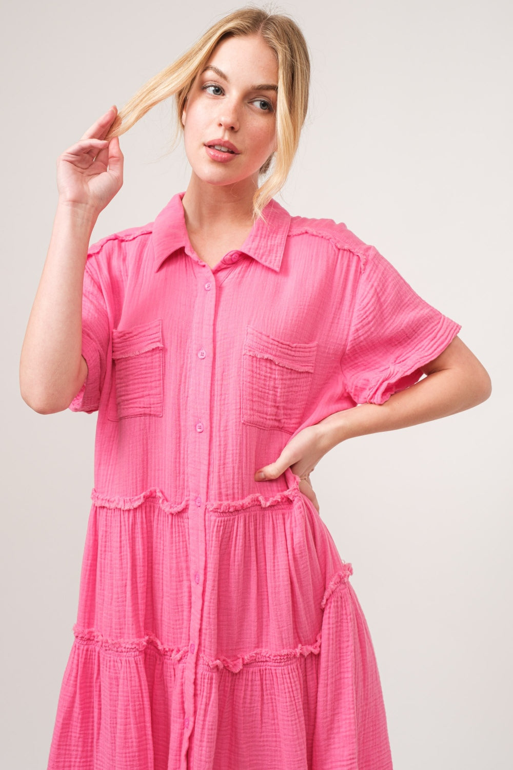 And The Why Full Size Raw Edge Washed Tiered Shirt Dress - Classique Collection