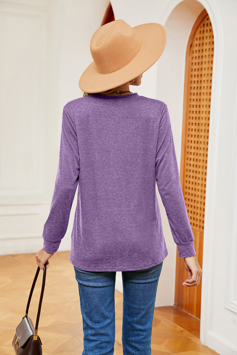 Buttoned Notched Neck Long Sleeve Top - Classique Collection