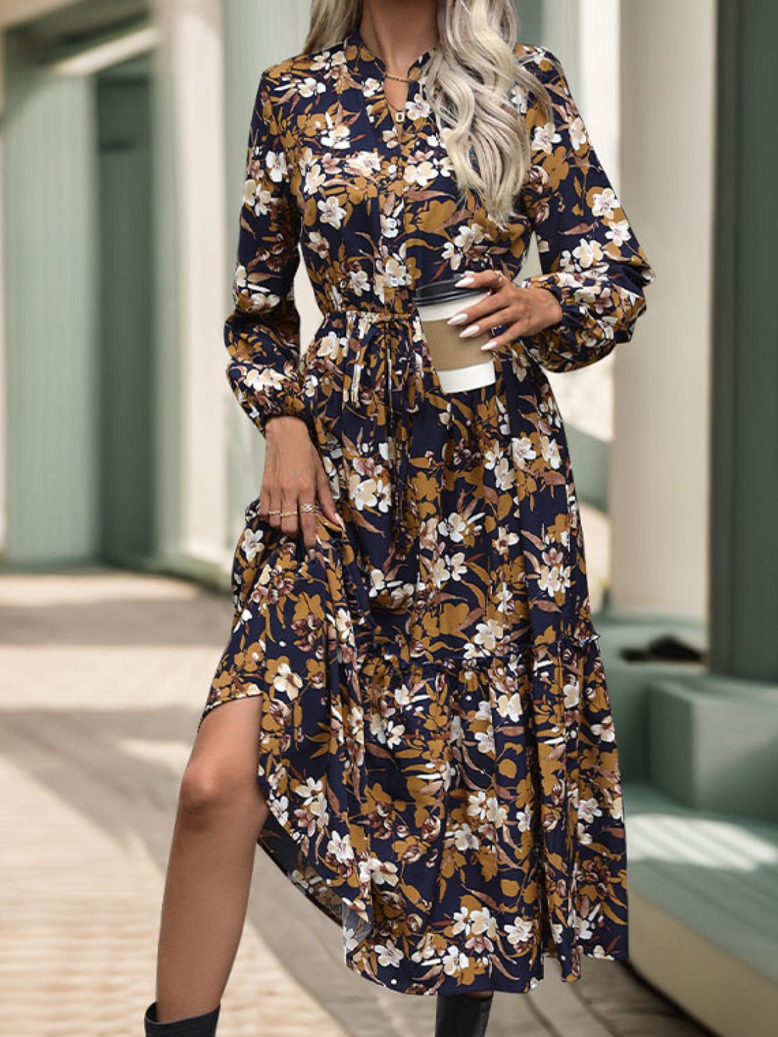 Perfee Printed Notched Long Sleeve Midi Dress - Classique Collection