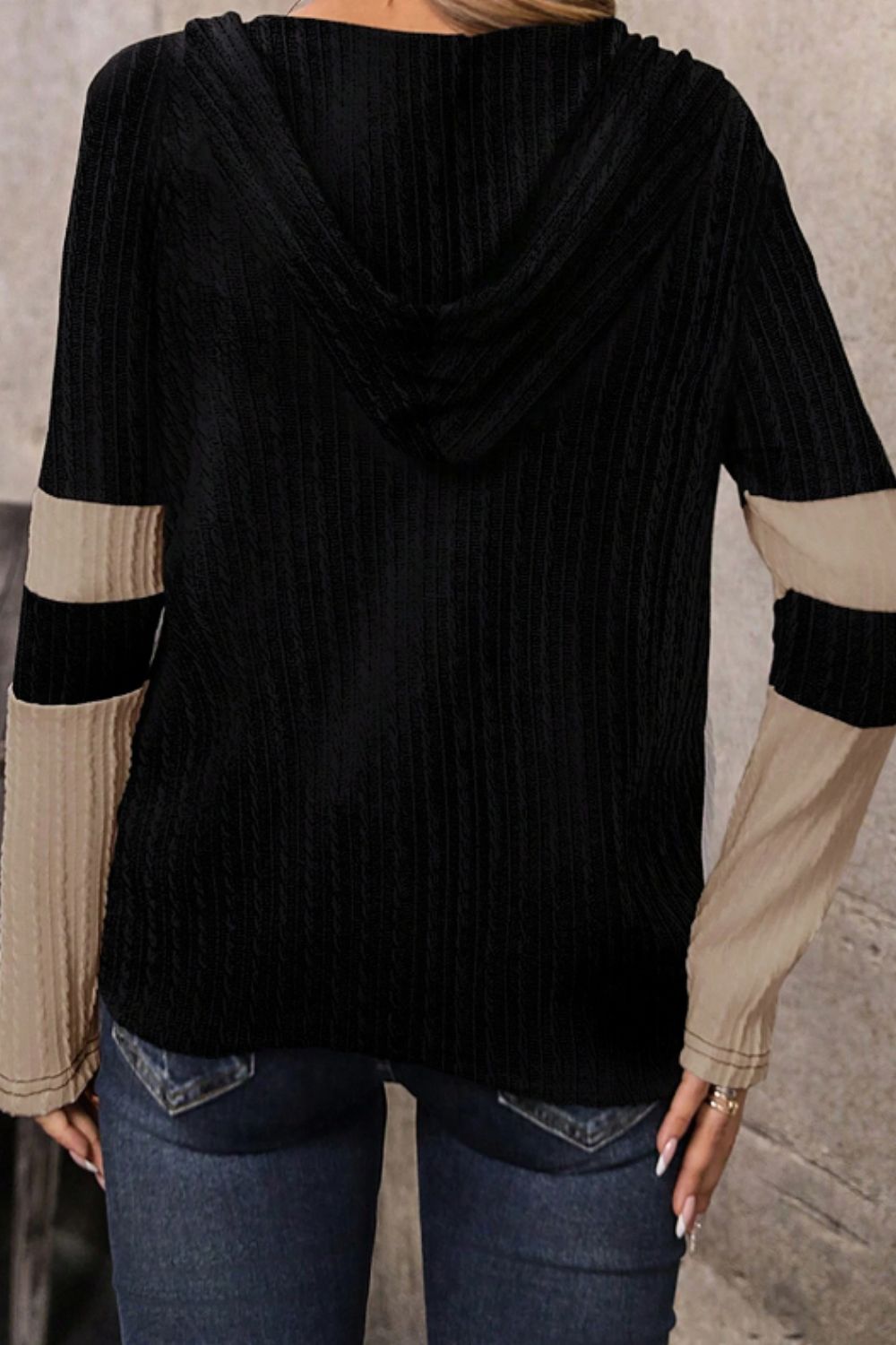 Drawstring Quarter Zip Contrast Long Sleeve Hoodie - Classique Collection