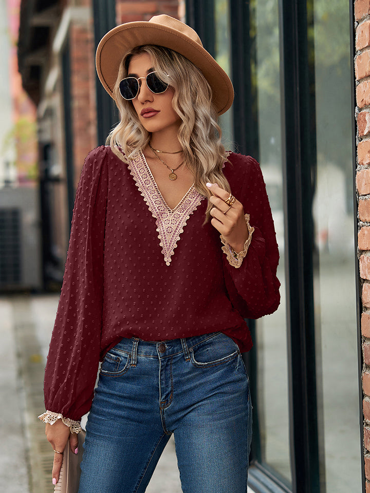 Swiss Dot V-Neck Long Sleeve Blouse - Classique Collection