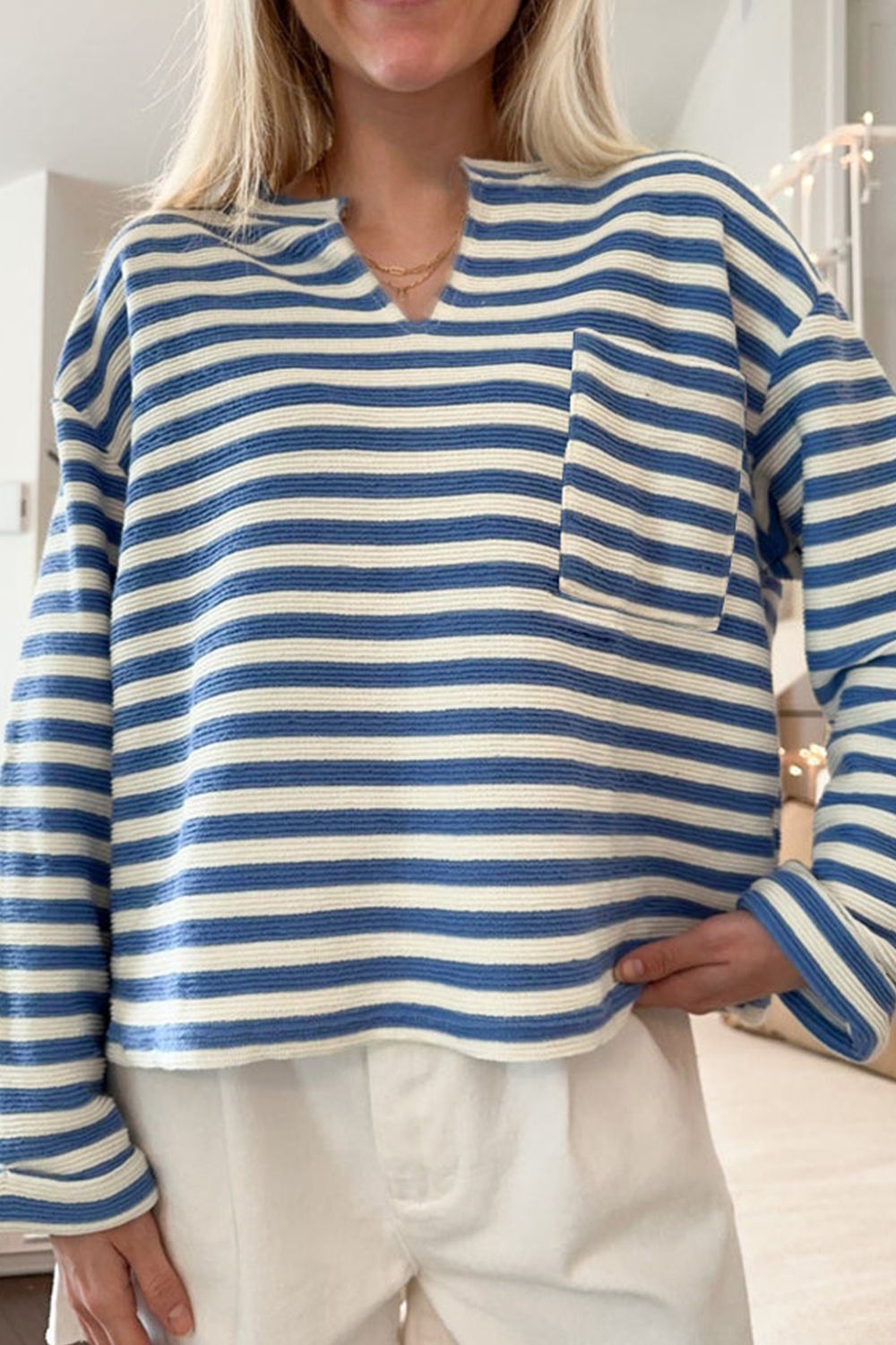 Stripe Chest Pocket Notched Top - Classique Collection