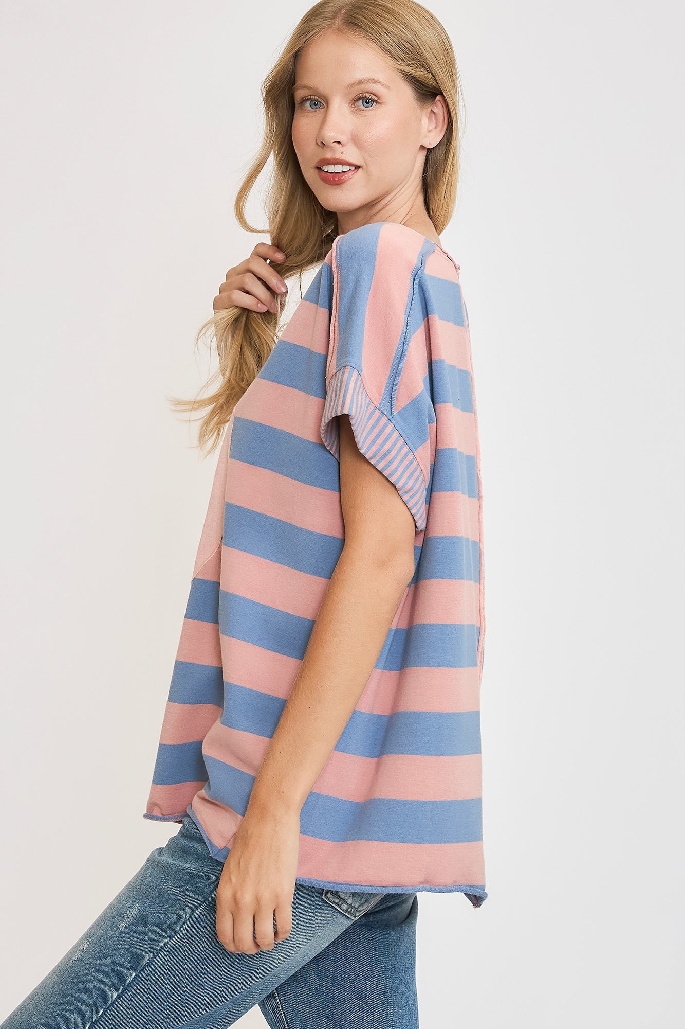 Umgee Peace Sign Patch Striped French Terry T-Shirt - Classique Collection