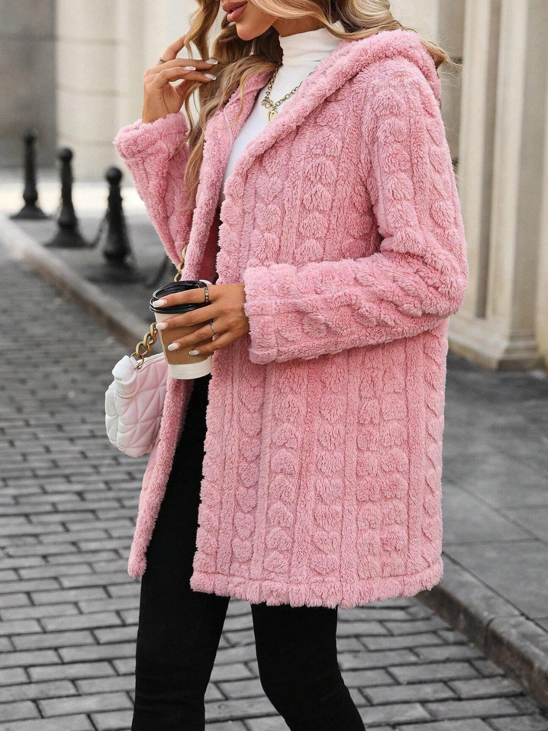 Heart Open Front Hooded Fuzzy Coat - ClassiQ