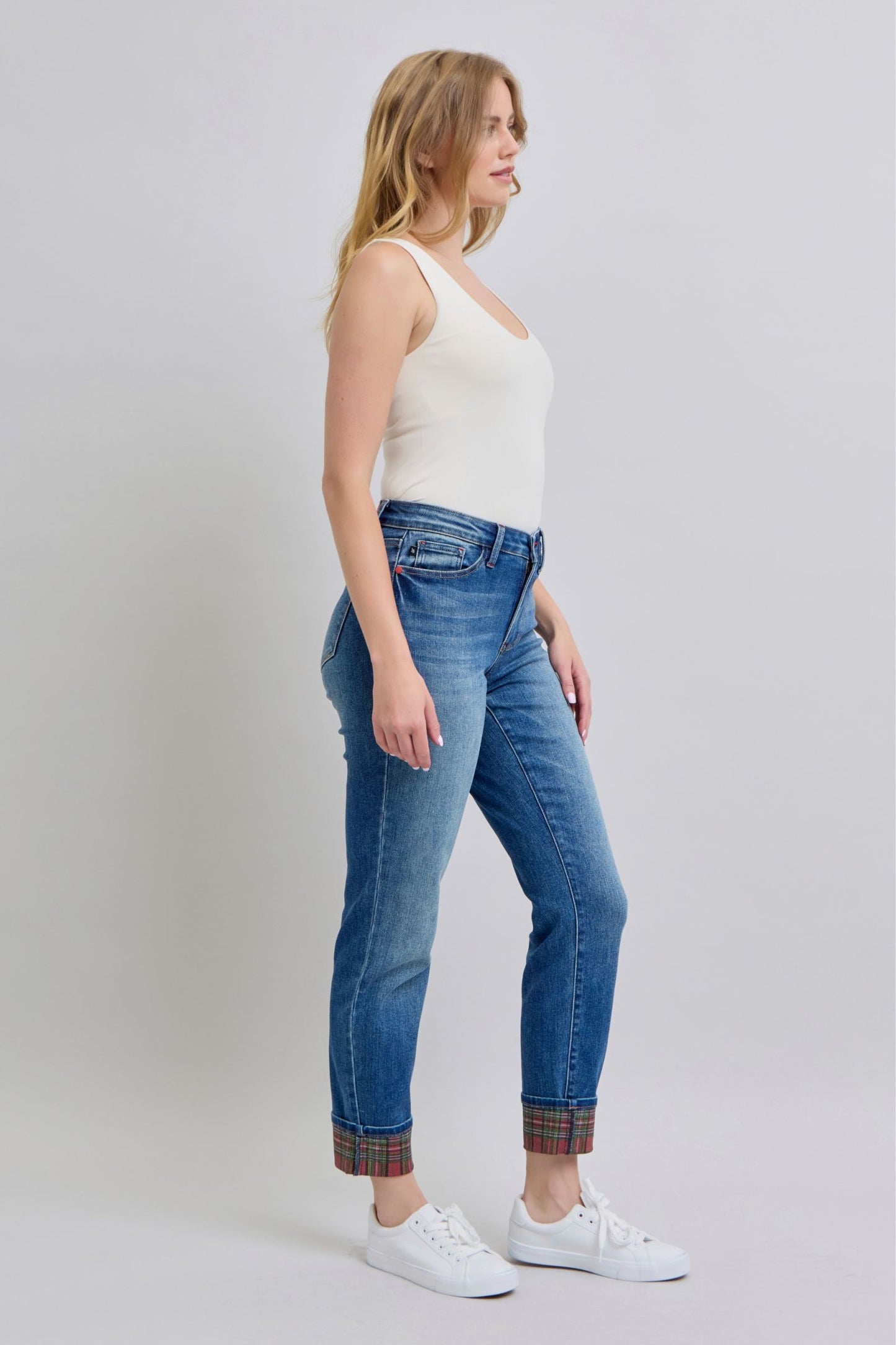 Judy Blue Full Size Plaid Print Cuff Straight Leg Jeans with Pockets - Classique Collection