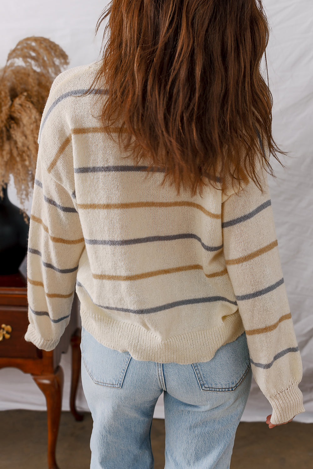 Brown Striped Ribbed Edge Drop Shoulder Sweater Shewin