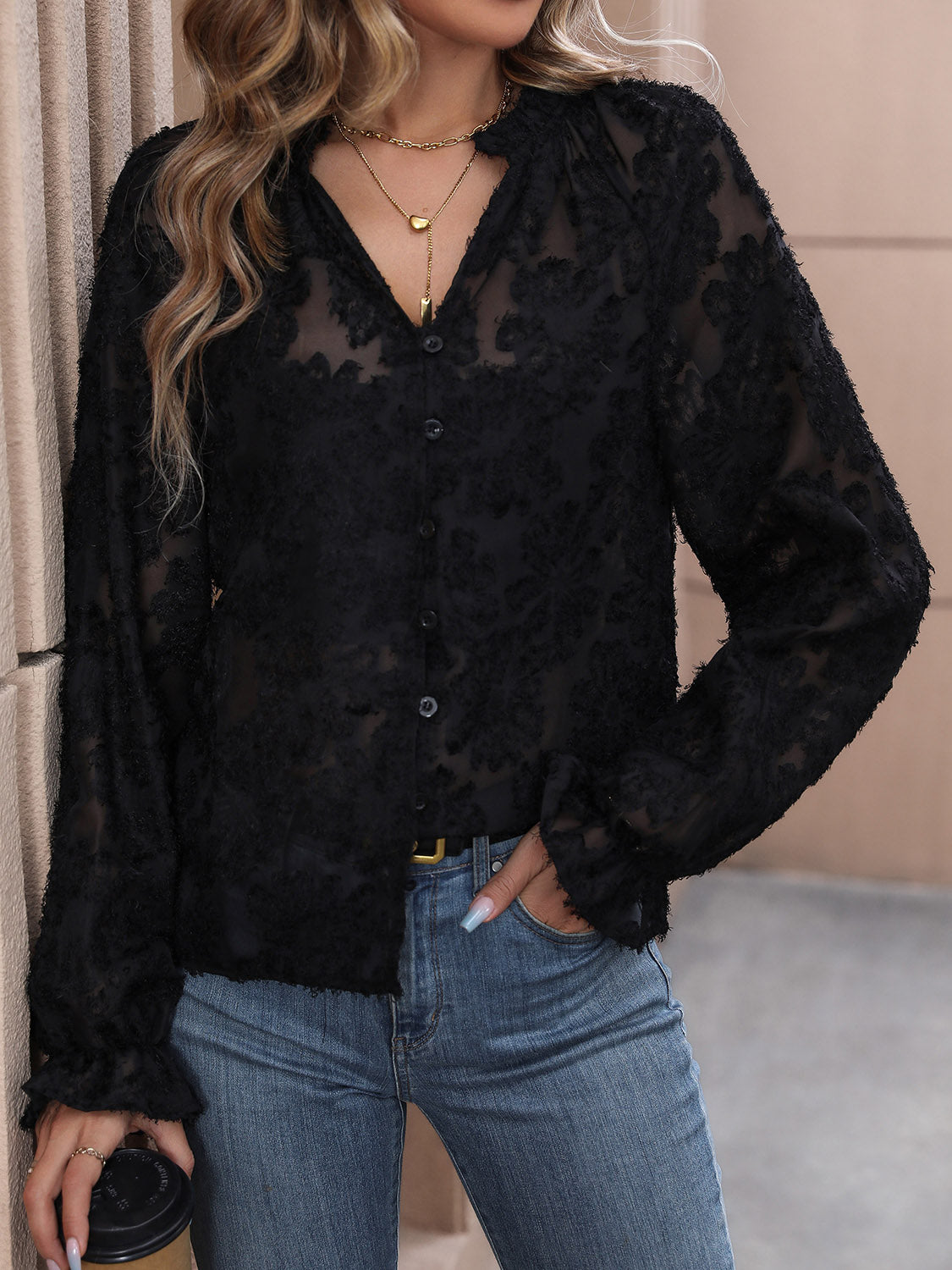 Perfee Lace Button Front Long Sleeve Top - ClassiQ