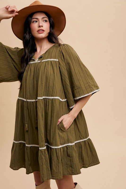 Annie Wear Tassel Contrast Trim Tie Neck Half Sleeve Tiered Dress - ClassiQ
