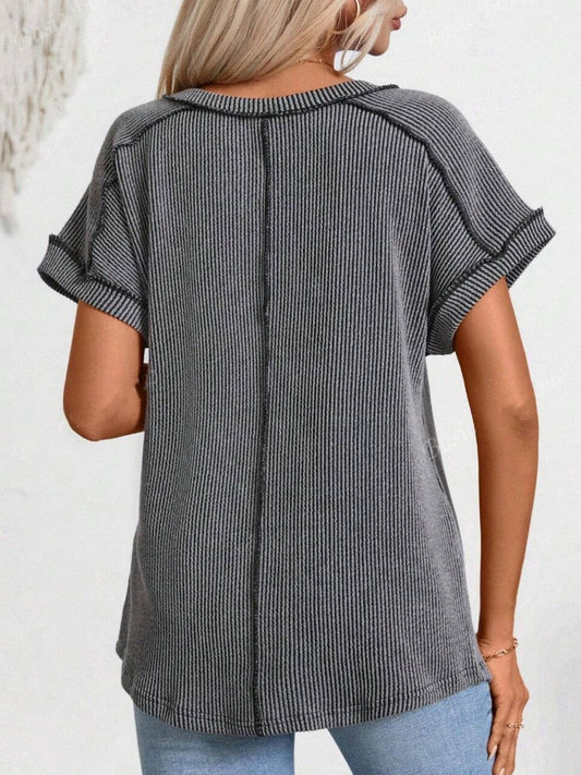 Exposed Seam V-Neck Short Sleeve Top - Classique Collection